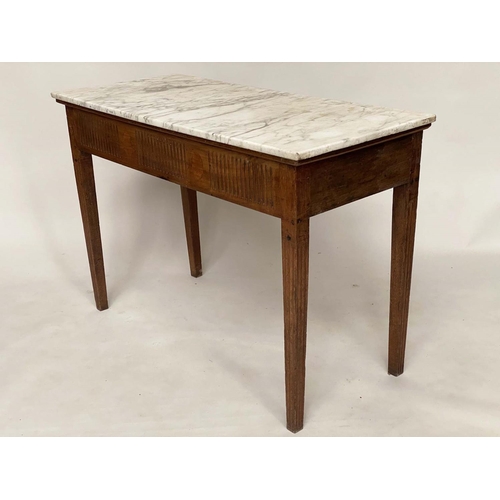 156 - CONSOLE TABLE, 18th century Italian walnut with arabiscata marble top fluted frieze and tapering flu... 