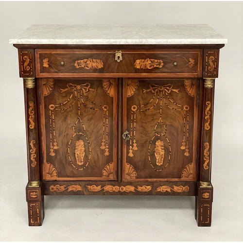 158 - DUTCH SIDE CABINET, early 19th century Dutch mahogany and satinwood inlay with marble top, frieze dr... 