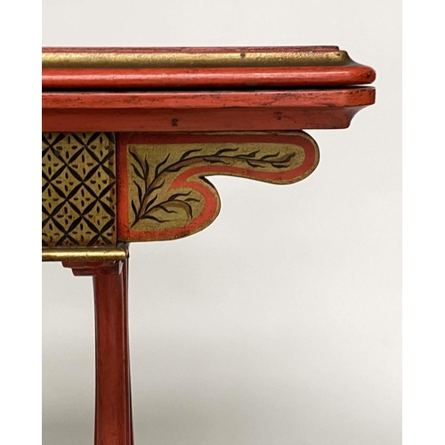 161 - CARD TABLE, 19th century scarlet Japanned and gilt Chinoiserie decorated with foldover baize lined t... 