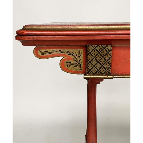 161 - CARD TABLE, 19th century scarlet Japanned and gilt Chinoiserie decorated with foldover baize lined t... 