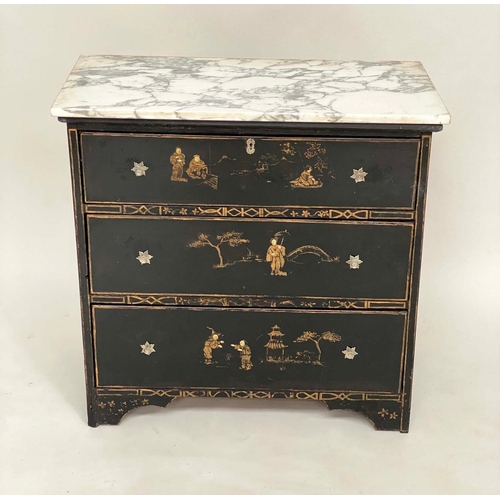 163 - CHINOISERIE CHEST, 19th century black lacquered and gilt Chinoiserie decorated with arabiscata marbl... 