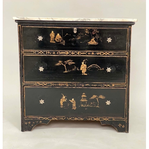 163 - CHINOISERIE CHEST, 19th century black lacquered and gilt Chinoiserie decorated with arabiscata marbl... 