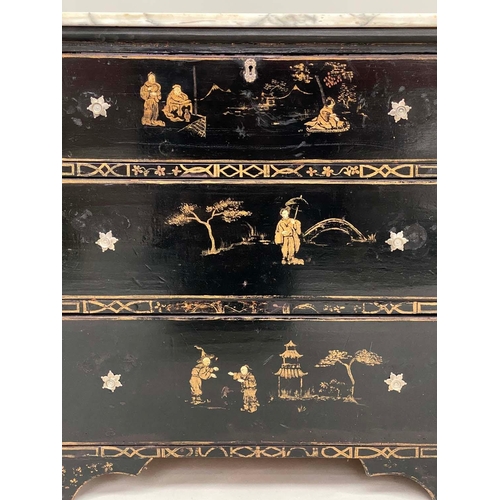 163 - CHINOISERIE CHEST, 19th century black lacquered and gilt Chinoiserie decorated with arabiscata marbl... 