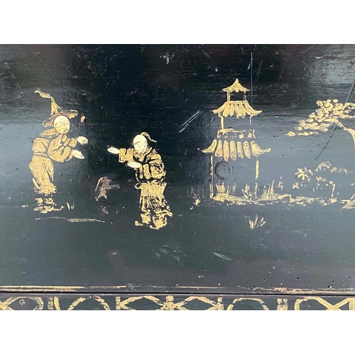 163 - CHINOISERIE CHEST, 19th century black lacquered and gilt Chinoiserie decorated with arabiscata marbl... 