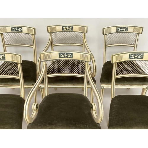 164 - DINING CHAIRS, a set of six, Regency style painted with arch bowed backs and green velvet upholstere... 