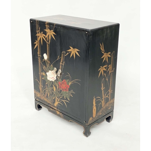 165 - CHINESE SIDE CABINET, black lacquered and gilt Chinoiserie and bamboo palm decorated with two doors,... 