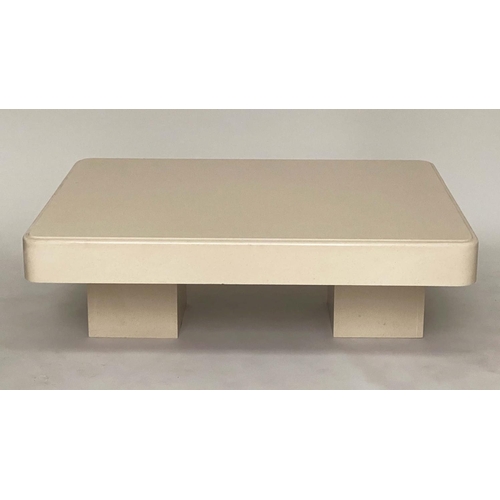 166 - TRAVERTINE LOW TABLE, 1970's Italian rounded rectangular marble on twin plinth supports, 92cm x 122c... 