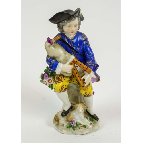 17 - CHELSEA PORCELAIN BAGPIPE BOY AND GIRL WITH LAMB, late 18th century gold ancor period, along with a ... 