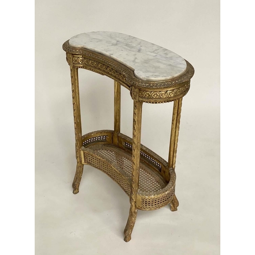 171 - SIDE TABLE, Italian carved giltwood with kidney shaped marble top, frieze drawer and cane enclosed u... 