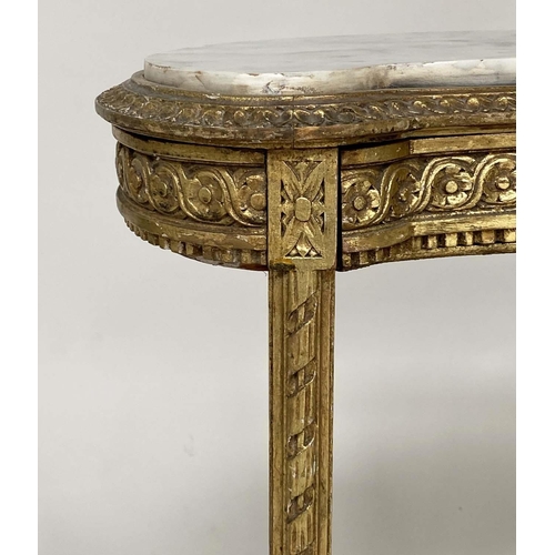 171 - SIDE TABLE, Italian carved giltwood with kidney shaped marble top, frieze drawer and cane enclosed u... 