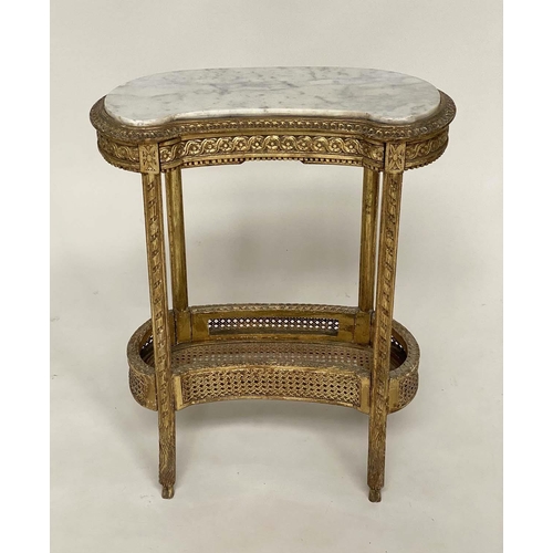 171 - SIDE TABLE, Italian carved giltwood with kidney shaped marble top, frieze drawer and cane enclosed u... 