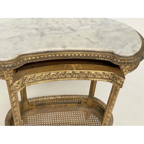 171 - SIDE TABLE, Italian carved giltwood with kidney shaped marble top, frieze drawer and cane enclosed u... 