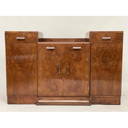 173 - ART DECO SIDEBOARD, early 20th century burr oak with three frieze drawers and four panel doors with ... 