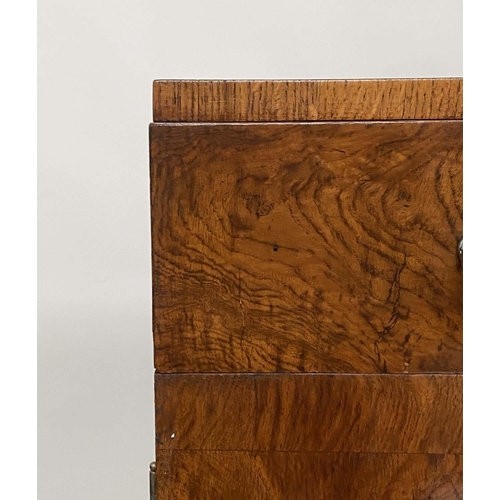 173 - ART DECO SIDEBOARD, early 20th century burr oak with three frieze drawers and four panel doors with ... 