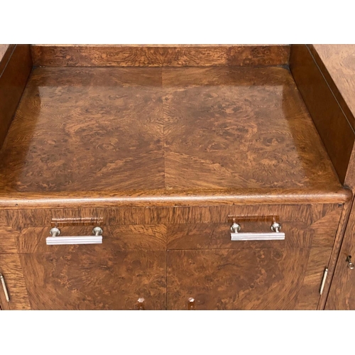 173 - ART DECO SIDEBOARD, early 20th century burr oak with three frieze drawers and four panel doors with ... 