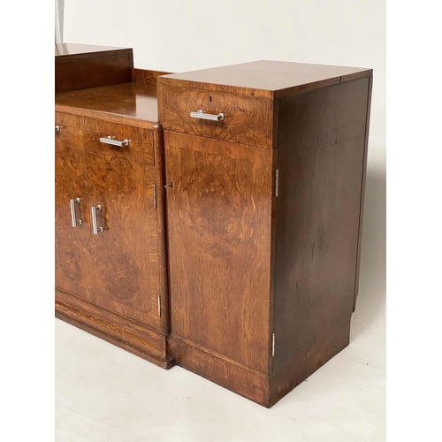 173 - ART DECO SIDEBOARD, early 20th century burr oak with three frieze drawers and four panel doors with ... 