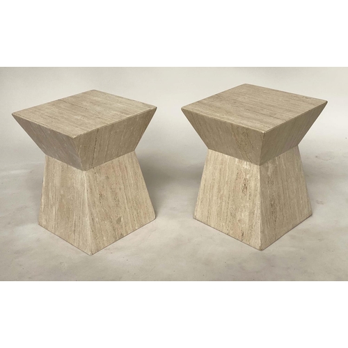 174 - TRAVERTINE TABLES, a pair, square section Italian marble with waisted plinths, 40cm x 40cm x 50cm H.... 