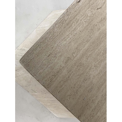 174 - TRAVERTINE TABLES, a pair, square section Italian marble with waisted plinths, 40cm x 40cm x 50cm H.... 