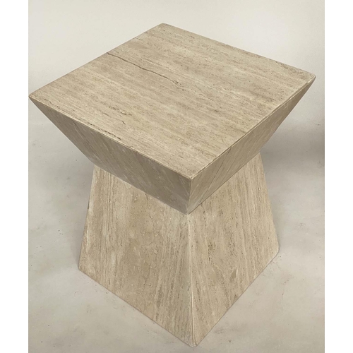 174 - TRAVERTINE TABLES, a pair, square section Italian marble with waisted plinths, 40cm x 40cm x 50cm H.... 