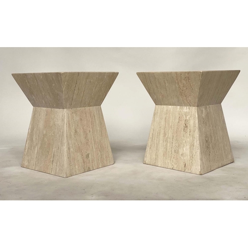 174 - TRAVERTINE TABLES, a pair, square section Italian marble with waisted plinths, 40cm x 40cm x 50cm H.... 