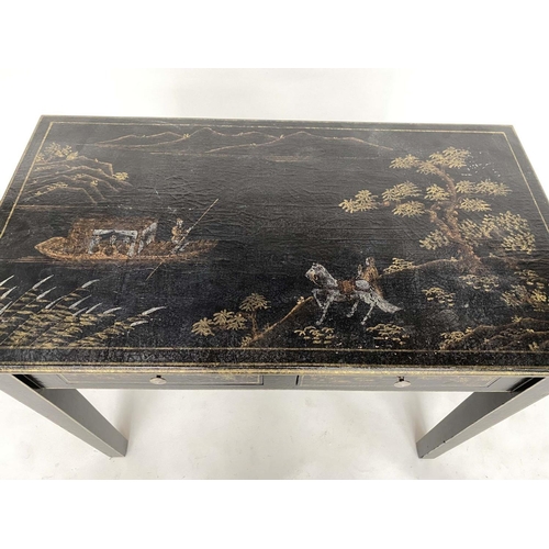 175 - SIDE TABLE by Oka, lacquered and gilt chinoiserie decorated with two frieze drawers and square suppo... 