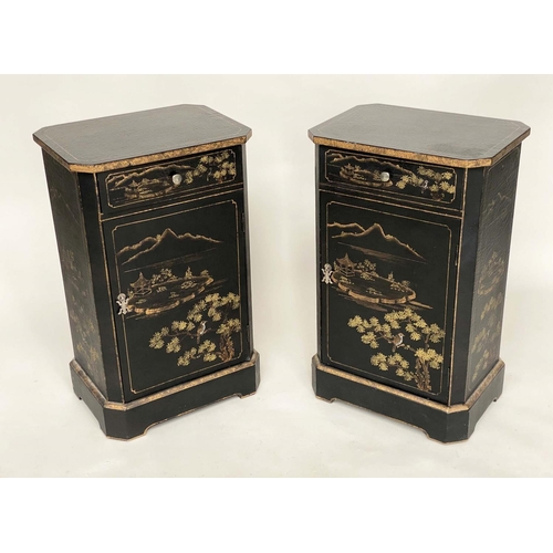 176 - BEDSIDE CABINETS by Oka, a pair, black lacquered and gilt Chinoiserie decorated each with drawer and... 