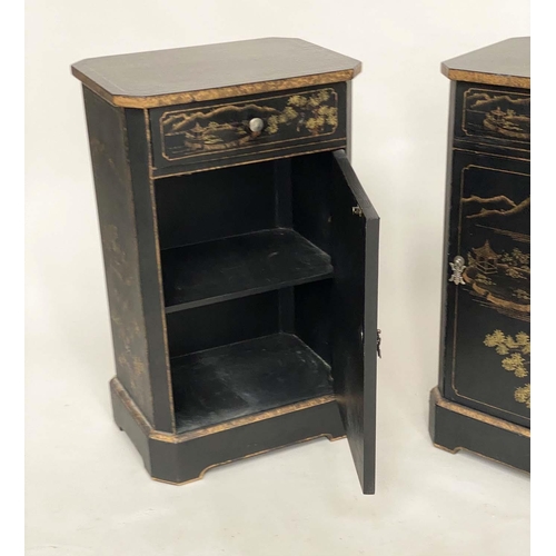 176 - BEDSIDE CABINETS by Oka, a pair, black lacquered and gilt Chinoiserie decorated each with drawer and... 