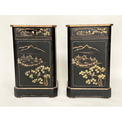 176 - BEDSIDE CABINETS by Oka, a pair, black lacquered and gilt Chinoiserie decorated each with drawer and... 