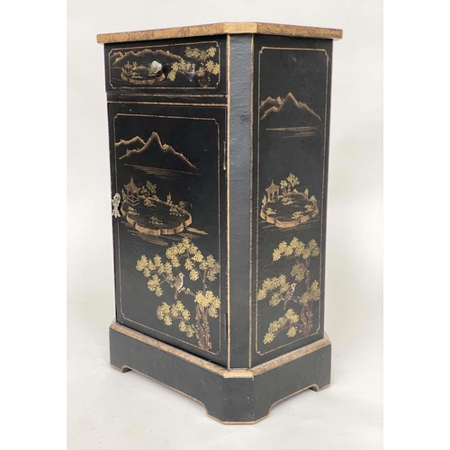 176 - BEDSIDE CABINETS by Oka, a pair, black lacquered and gilt Chinoiserie decorated each with drawer and... 