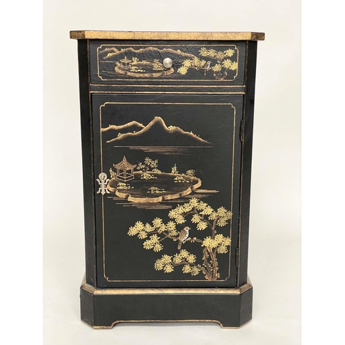 176 - BEDSIDE CABINETS by Oka, a pair, black lacquered and gilt Chinoiserie decorated each with drawer and... 