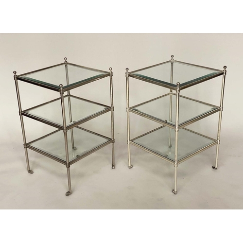 177 - LAMP TABLES, a pair, Regency style silvered metal framed with three square bevelled glass shelves, 4... 