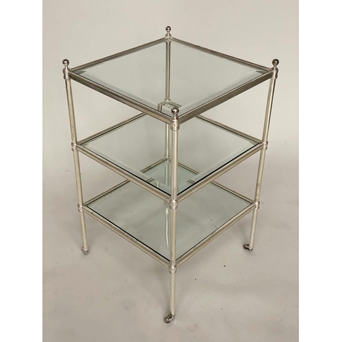 177 - LAMP TABLES, a pair, Regency style silvered metal framed with three square bevelled glass shelves, 4... 