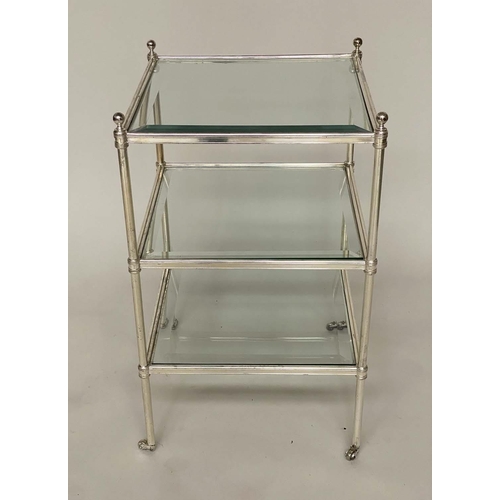 177 - LAMP TABLES, a pair, Regency style silvered metal framed with three square bevelled glass shelves, 4... 