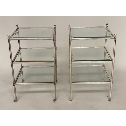 177 - LAMP TABLES, a pair, Regency style silvered metal framed with three square bevelled glass shelves, 4... 