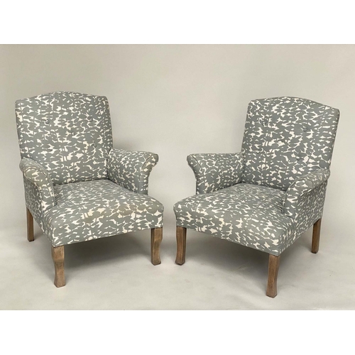 178 - ARMCHAIRS, a pair, arched with button back and scroll arm printed grey upholstery, 70cm W. (2)