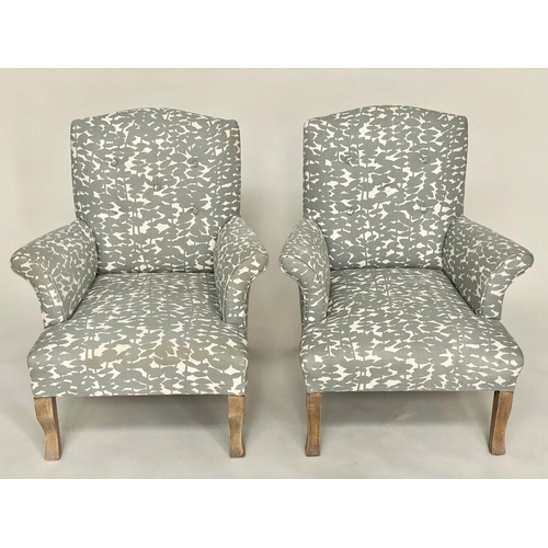 178 - ARMCHAIRS, a pair, arched with button back and scroll arm printed grey upholstery, 70cm W. (2)