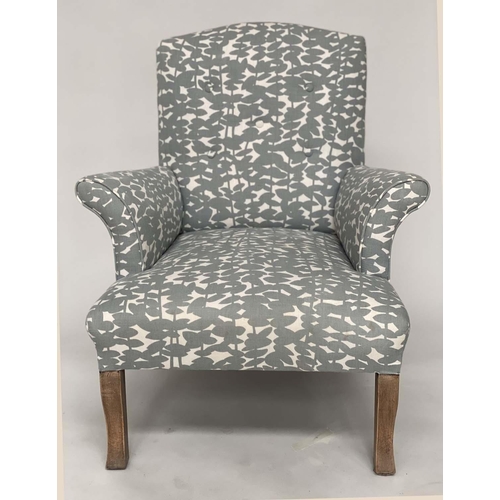 178 - ARMCHAIRS, a pair, arched with button back and scroll arm printed grey upholstery, 70cm W. (2)