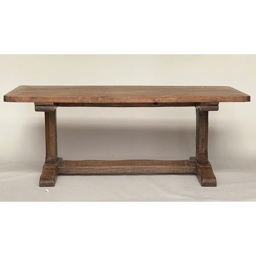 179 - REFECTORY TABLE, antique English oak rectangular cleated on substantial carved trestle and stretcher... 