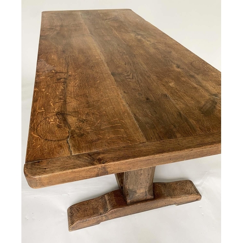 179 - REFECTORY TABLE, antique English oak rectangular cleated on substantial carved trestle and stretcher... 