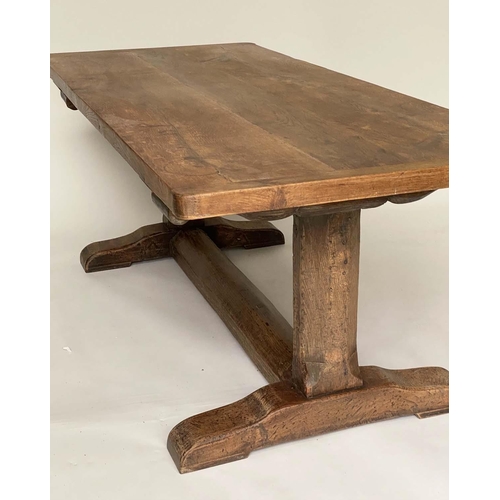 179 - REFECTORY TABLE, antique English oak rectangular cleated on substantial carved trestle and stretcher... 