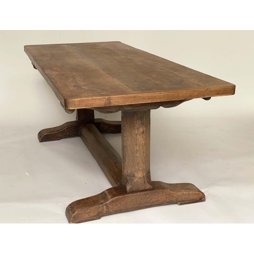 179 - REFECTORY TABLE, antique English oak rectangular cleated on substantial carved trestle and stretcher... 