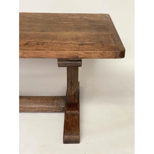 179 - REFECTORY TABLE, antique English oak rectangular cleated on substantial carved trestle and stretcher... 