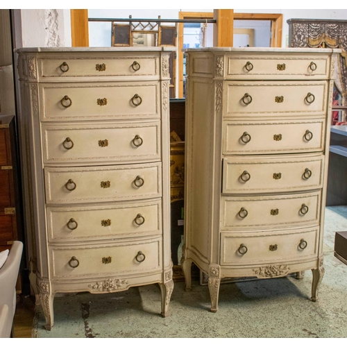 180 - TALL BOWFRONT COMMODES, a pair, 19th century French painted, each with marble top, one with six draw... 