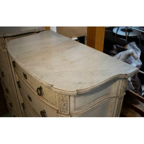 180 - TALL BOWFRONT COMMODES, a pair, 19th century French painted, each with marble top, one with six draw... 