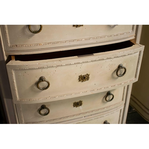 180 - TALL BOWFRONT COMMODES, a pair, 19th century French painted, each with marble top, one with six draw... 