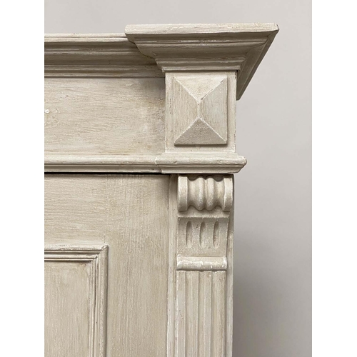 181 - ARMOIRE, 19th French traditionally grey painted with two panelled doors enclosing hanging and full w... 