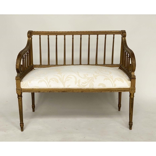 182 - CANAPE, early 20th century French Louis XVI style giltwood and brocade upholstered seat with raised ... 