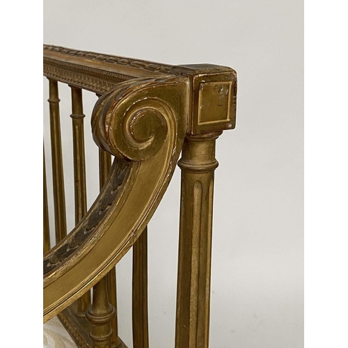 182 - CANAPE, early 20th century French Louis XVI style giltwood and brocade upholstered seat with raised ... 