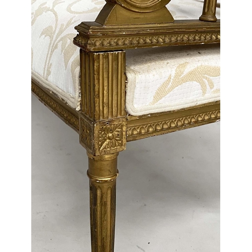 182 - CANAPE, early 20th century French Louis XVI style giltwood and brocade upholstered seat with raised ... 