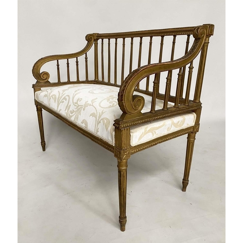 182 - CANAPE, early 20th century French Louis XVI style giltwood and brocade upholstered seat with raised ... 